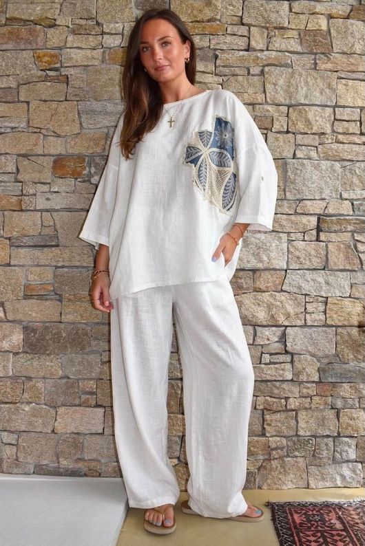 Lindin Linen Blend Crochet Flower Top White